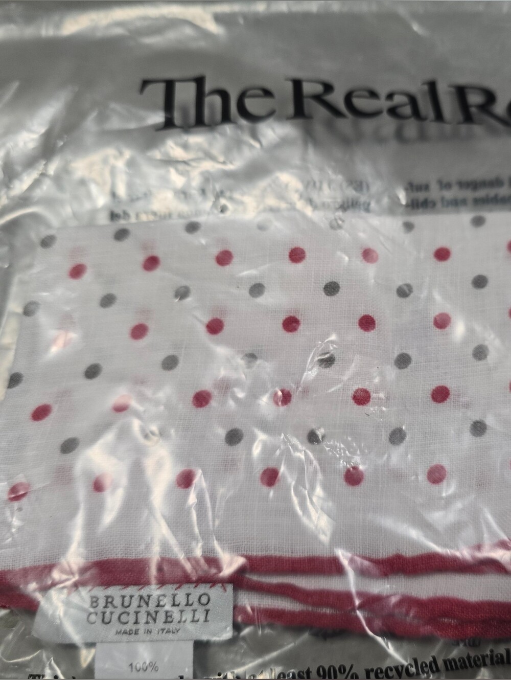 Brunello Cucinelli White Pocket Square with Red and Gray Polka Dots